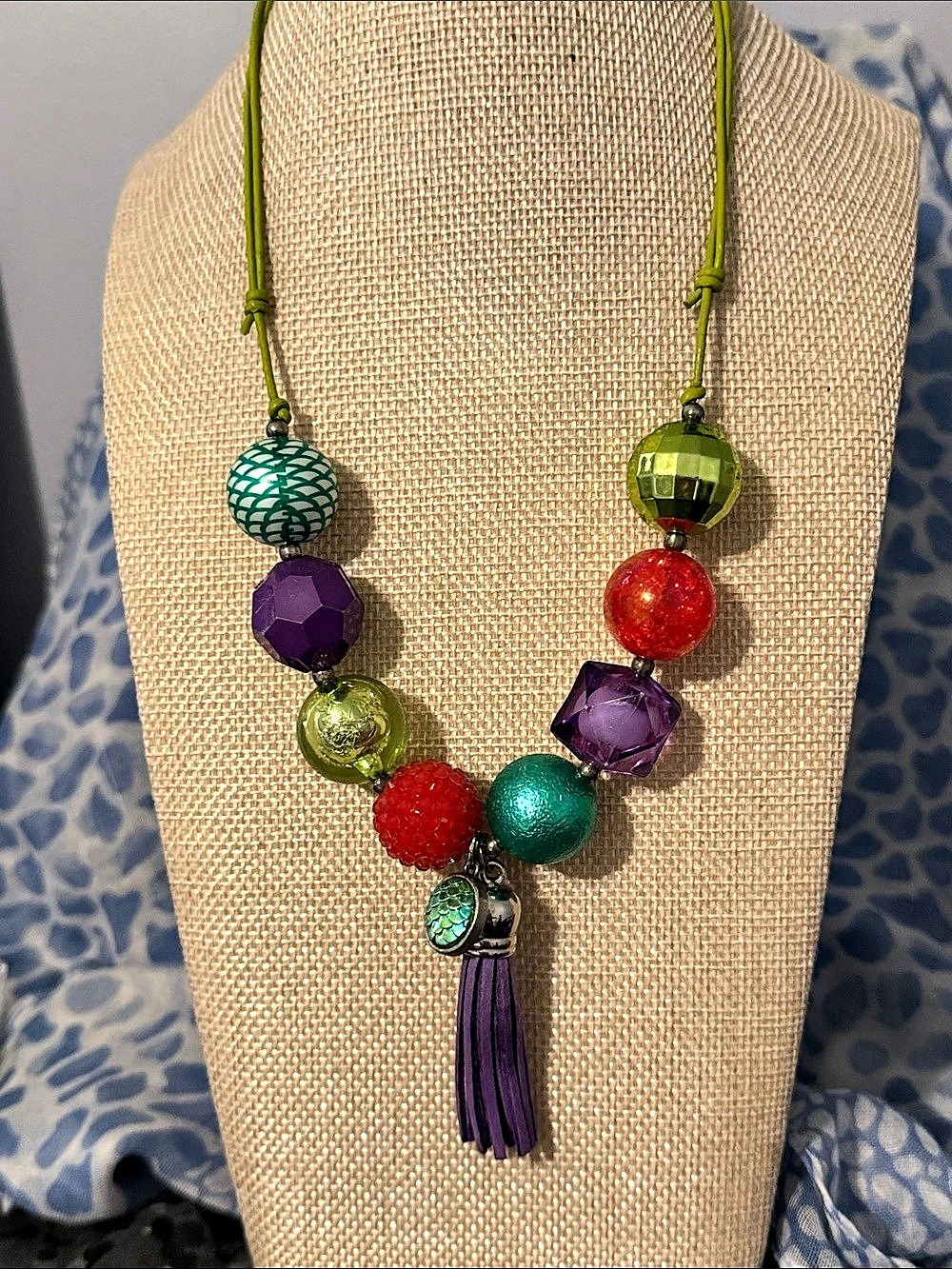 Beaded Tassel Statement Necklace in Green & Purple